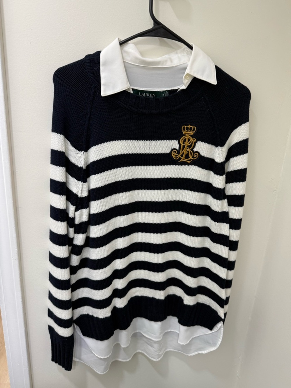 Ralph Lauren Navy and White Striped Sweater with Gold Crest Detail